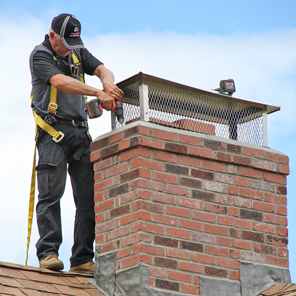 A technician is installing chimney caps and dampers on a brick chimney to ensure proper ventilation and protection from external elements.