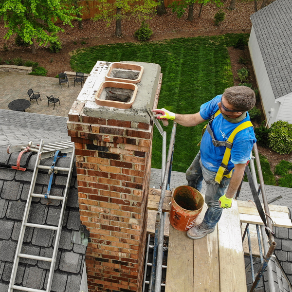 A chimney technician applies masonry repair to a brick chimney on a rooftop.