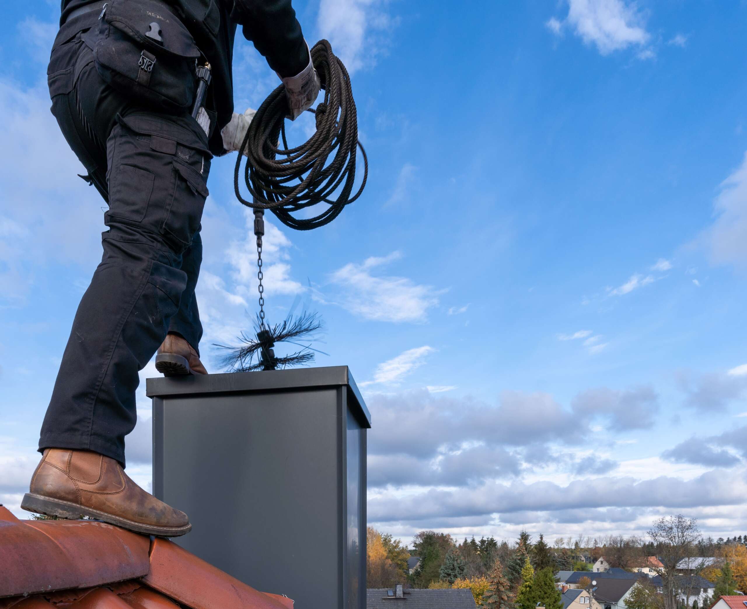 A chimney sweep preps his brush atop a roof, ready to clean a modern chimney.